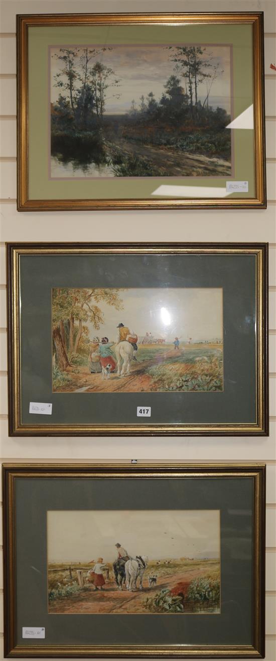 Circle of David Cox Farm folk in landscapes,